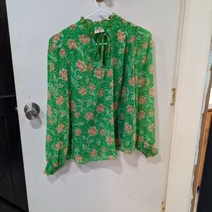 Joie Green Floral Blouse with Tie-Neck